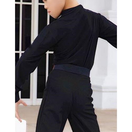 Boy black velvet  competition ballroom latin dance shirts long sleeves v neck modern latin ballroom dance body tops for boys